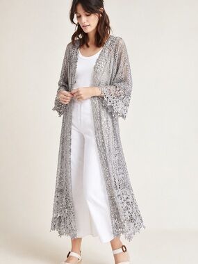 POL Floral Crochet 100% Cotton Gray Duster Kimono, Medium/Large